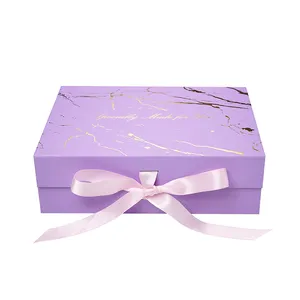 定制精美精美紫色折叠盒硬质纸板纸饰品包装可折叠礼品盒哑光层压丝带