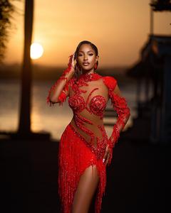 Robes de bal africaines de luxe perlées, sexy, à manches longues, style Aso Ebi, robes de soirée à traîne, personnalisées, pour fêtes formelles - Product Image 3