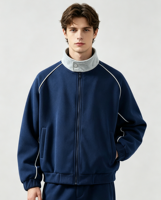 Nouvelle Collection 2027 – Blouson de Sport Rétro Homme Vintage à Col Montant Contrastant, Manches Raglan, Détails Piping, Fermeture Éclair Intégrale