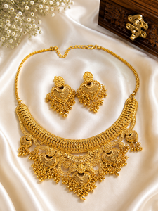 Conjunto de Joyería con Patrón de Corazón en Oro Sólido para Mujer, Collar Clásico con Cadena de Serpiente y Aretes, DNO:149, Estilo de Boda - Product Image 1