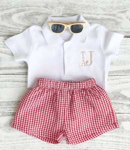 Monogrammed Baby <strong>Boy</strong> Summer Polo Shirt Shorts Set Kids White T Shirt Gingham Seersucker Shorts Children Beach Two Piece Set <strong>2026</strong> - Product Image 1