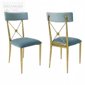 Chaise de mariage moderne en acier inoxydable doré avec dossier en X, coussin en velours bleu, pour banquets et événements, location, fournisseur direct d'usine pour commandes en gros - Product Image 1