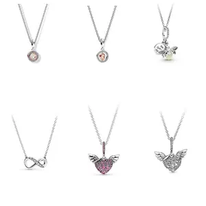 Sparkling Classic Lace Heart & Angel Wings Feather Family Tree Necklace For Fashion 925 silver plating Bead Charm DIY Jewelry