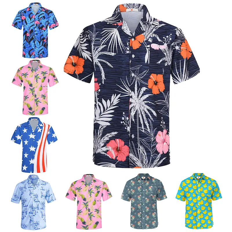 Custom high quality stretch elastic vacation casual men shirt button down collar beach hawaiian t-shirt