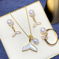 Ensemble de bijoux de perles d'eau douce en forme de bouton fait à la main pour femmes, bague et collier