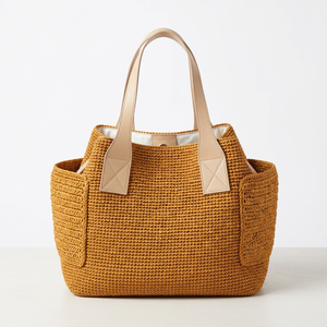 Sac fourre-tout écologique fait main en raphia pour femme, jaune moutarde, motif géométrique, poignée unique, ouverture supérieure, sac à main d'été pour le shopping - Product Image 4
