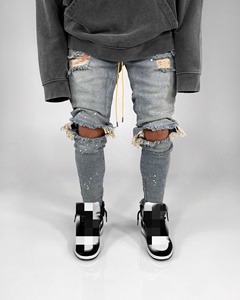 Pantalones <span class=keywords><strong>vaqueros</strong></span> elásticos <span class=keywords><strong>rotos</strong></span> para <span class=keywords><strong>hombre</strong></span>, diseño de punto de pintura rasgada, pantalones <span class=keywords><strong>vaqueros</strong></span> ajustados con cremallera en el tobillo a la moda, pantalones con lápices Les Hip P - Product Image 2