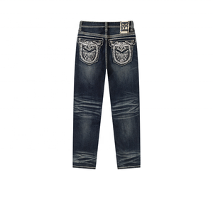 IN Stock Black Men’s Sanding Heavy Stitch Straight Leg Washed <b>Embroidered</b> Denim <b>Jeans</b> Mid Waist fashion <b>jeans</b> for men - Product Image 2