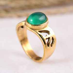 Gold Brass <b>Green</b> Onyx Oval Cabochon Statement Ring Handmade 14K Gold Plated <b>Green</b> Stone Boho <b>Jewelry</b> for Wedding Engagement - Product Image 4