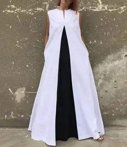 American British Hawaiian Style White&Black Split-joint Sleeveless Linen Long Maxi Casual Dress