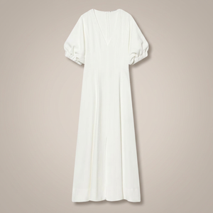 PB&ZA Spring/Autumn New Women's Vintage Natural Waist Zipper Woven A-line V-neck Puff Short Sleeve Polyester/Cotton Washable - Product Image 3