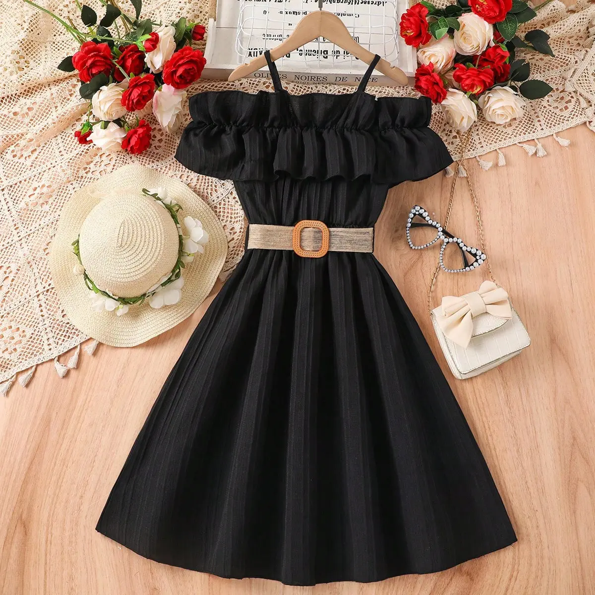 Vestido casual de verão para meninas, roupa infantil com suspensório de 7 cores, renda com ombro de fora, vestido para praia, adolescente, para meninas