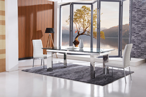 Mueble de lujo de <span class=keywords><strong>acero</strong></span> inoxidable, <span class=keywords><strong>mesa</strong></span> de <span class=keywords><strong>comedor</strong></span> <span class=keywords><strong>y</strong></span> sillas de 6 plazas con tapa de <span class=keywords><strong>cristal</strong></span> completa minimalista - Product Image 4
