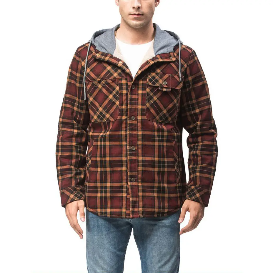 High quality factory plus size casual pocket shirt 2022/2023 big size fashion men's plaid hoodie fleece flannel shirts jackets