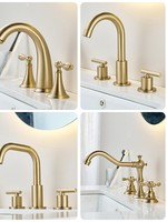 Robinet de lavabo européen en laiton massif à double poignée et trois trous, finition céramique or brossé, eau froide et chaude, jet doux et colonne fine