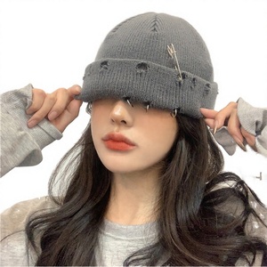 Beanie Hats Winter Warm Knitted Hip Hop Distressed Cap with Pin 100% Acrylic Unisex - Product Image 2