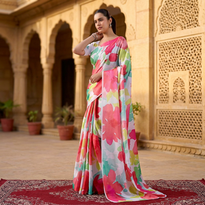 Wholesale Elegant Multi Color Floral Printed Silk <b>Saree</b> Luxury Soft Satin Indian Traditional Wear Women Summer Party <b>Blouse</b> - Product Image 1