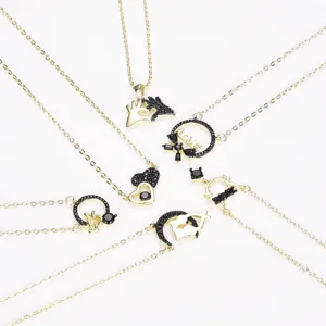 CM Jewelry Wholesale 14k Gold Necklace Pendant Oro Laminado Gift For Women Chain Collar Zircon Black Negra Love Cat Pendants