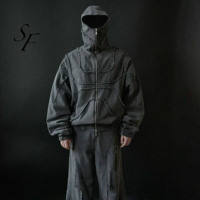 Benutzer definierte Y2K Vintage Jeans jacke American High Street Trend Spleißen Gothic Style Übergroße Kapuzen pullover mit Reiß verschluss Punk Ninja Hoodie