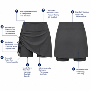 Jupe-short marron moka froncée à cordon de serrage pour femme, taille haute, devant croisé, ourlet asymétrique, mi-cuisse, confortable, usage quotidien, Agent Direct - Product Image 2