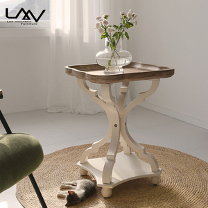 Klassischer antiker weißer Couch tisch im französischen Landhausstil und kleiner runder Beistell tisch Massivholz tisch für Wohnzimmer hotel - Product Image 1
