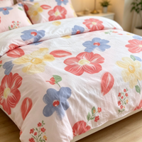 Parure de lit 4 pièces imprimée fleurs aquarelle pastel, en microfibre confortable, comprenant drap, housse de couette, taies d'oreiller et couvre-lit