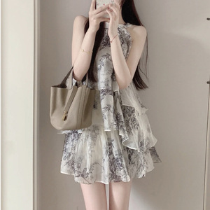 Robe d'été décontractée et élégante pour femme, en mousseline vintage, imprimé peinture à l'encre, col licou, sans manches, style jupe, tendance - Product Image 2