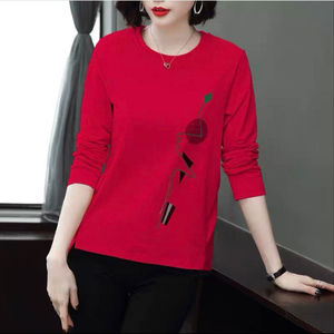 Women's Long Sleeve T-Shirt Autumn Casual Printed Plus Size Middle Aged Outerwear <b>Base</b> <b>Layer</b> Polyester Knitted Full Sleeve - Product Image 1