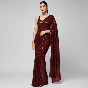 Meilleur prix pour un sari traditionnel ethnique en soie avec travail de séquence, chemisier en georgette, robe de style classique et élégant - Product Image 4