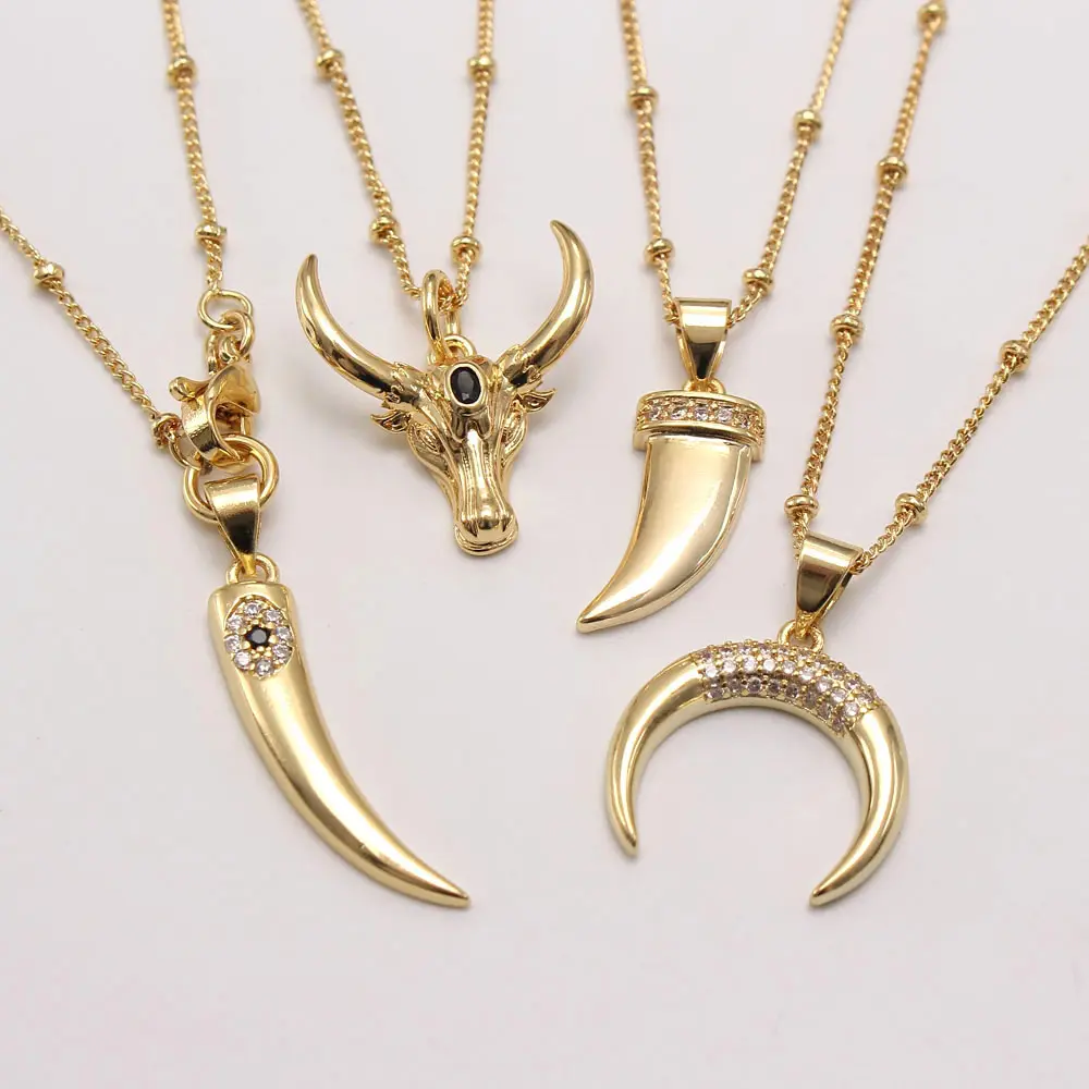 Fashion Fine Jewelry Bull Head/Half Crescent Moon 18K Gold Plated Cubic Zirconia Pendant Necklace Women Clavicle Chain Choker