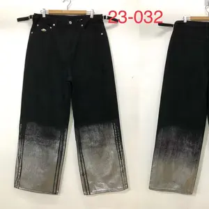 23-032 Women Ladies Denim Black Jeans Baggy Loose Silver Coating Wide Leg Fashion 100% Cotton Women Clothes Pants Trousers