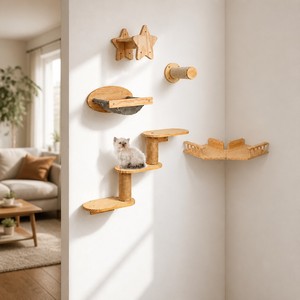 Juego de estantes de pared para gatos de madera natural, estante en forma de estrella, poste rascador de sisal, hamaca de tela, escalones de tela, muebles de pared para gatos - Product Image 1