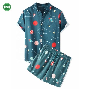 Personalizzato il tuo Design pantaloncini da salotto maniche magliette blu <span class=keywords><strong>spazio</strong></span> tutto su stampa bottoni up t-Shirt 2 pezzi set per uomini e donne bambini - Product Image 1