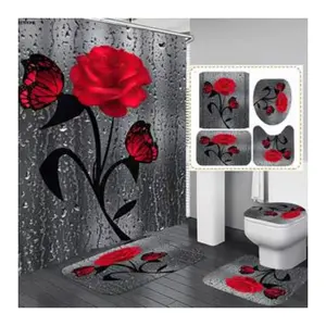 New design custom bathroom accessories Flower printed luxury 4 pieces bathroom rugs and mats sets with shower curtain