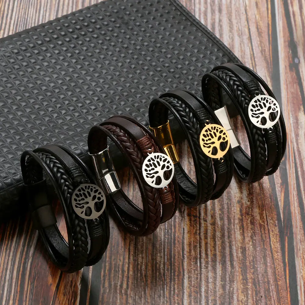 Mens Stainless Steel Magnetic Clasp Tree of life Bracelet Multi Layer Genuine Braided Leather Bracelet for men