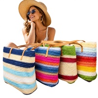 Sac fourre-tout en paille crochetée à rayures arc-en-ciel, broderie lettre, sac de plage à bandoulière grande capacité pour femme, cadeaux d'été
