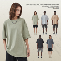 Kaos Pria O-Neck Lengan Pendek 2025 Vintage Washed Solid Loose Trendy Brand Heavy Shoulder Kasual 100% Katun Jersey Polos