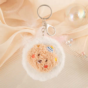 Cute Round Plush Bear Compact Mirror Keychain Fuzzy Birthday Party Hat Bear Charm Purse Pendant <b>Pocket</b> Mirror Multi Colors Bulk - Product Image 2