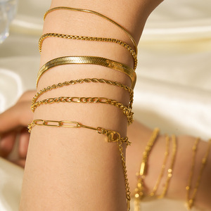 18k Gold Plated <b>Bracelet</b> <b>Set</b> Stainless Steel Snake Cuban Chain Geometric Design Unisex Jewelry Accessory - Product Image 2