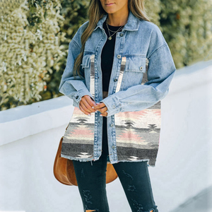 Jeans vestes décontractées 2023 automne hiver nouveau Aztec poche à revers manteau en <span class=keywords><strong>jean</strong></span> Patchwork manches longues laine <span class=keywords><strong>veste</strong></span> rétro pour femmes - Product Image 4