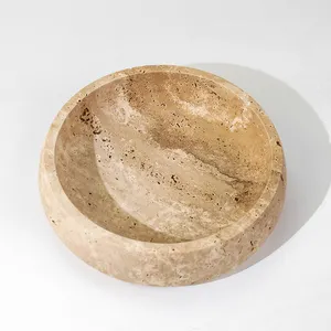 Vintage Beige Travertine Large Size Marble Home Hotel Decoration Religious Round Ornament Big Bowl Travertine Stone Fruit Plate