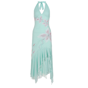 Robe midi moulante à imprimé floral avec décolleté halter et fente, superposition en maille, effet amincissant, pour femme – Collection Été - Product Image 6