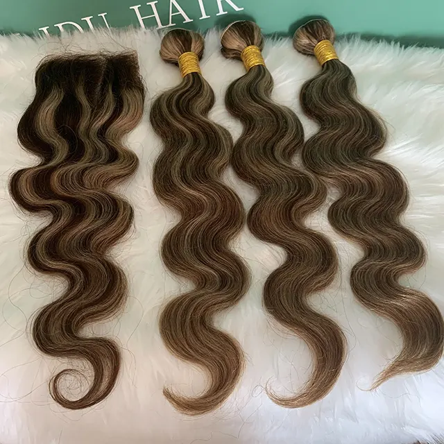 10A Highlight #4 and #27 Virgin Brazilian Cuticle Aligned Human Hair Bundles Extension Weft With 4x4 Super Thin HD Lace Closure