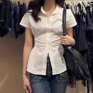 Chemisier Femme Style Académique Couleur Unie Taille Cintrée Manches Courtes Col Blanc Boutonné Coupe Ajustée Décontracté Tenue de Bureau - Product Image 5