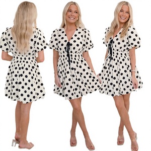 Sorority Polka Dot Mini <b>Dress</b> Women Summer Casual A-Line Puff Sleeve V-Neck Wrap Tie Front Loose Fit Breathable Woven <b>Dress</b> - Product Image 1