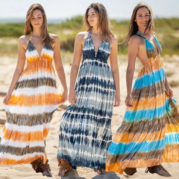 Hete Verkoop Vrouwen Zomer Nieuwe Tie-Dye Rok Sexy V-Hals Mouwloze Casual Lange Vakantie Jurk