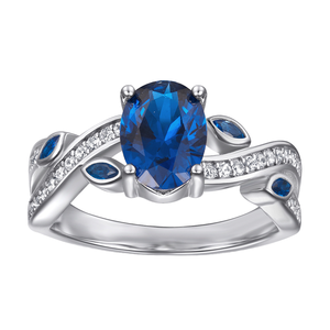 Anillo de Plata de Ley 925 con Baño de Rodio, Diseño Moderno de Luster Jewelry, con Circonita Cúbica Azul Ovalada de 6*8mm, Anillo de Boda - Product Image 1