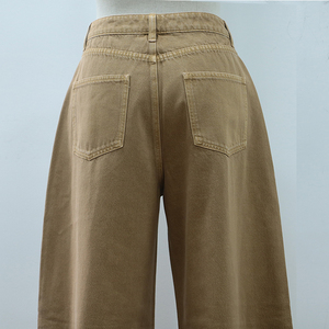Jean décontracté pour <span class=keywords><strong>femme</strong></span>, coupe droite décontractée, <span class=keywords><strong>taille</strong></span> <span class=keywords><strong>haute</strong></span>, jambe large, en denim <span class=keywords><strong>kaki</strong></span> marron, avec ourlet à franges et poches frontales obliques - Product Image 6