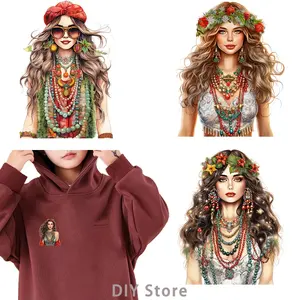 Bohemian Hippie Girl DTF Heat Transfer Iron On Transfer For Clothing Iron On Patches For Clothing Thermal For Clothing.
