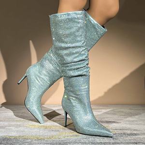 Bottes de luxe pour femmes, automne/hiver, talon aiguille occidental, à enfiler, unies, <span class=keywords><strong>plissées</strong></span>, sexy, hauteur genou - Product Image 4